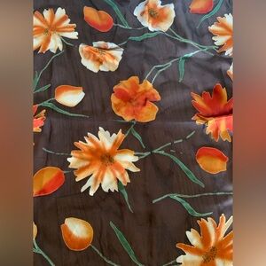 Silk Floral Foulard 19.5” Sheer Scarf Orange Green Square Rolled Hem